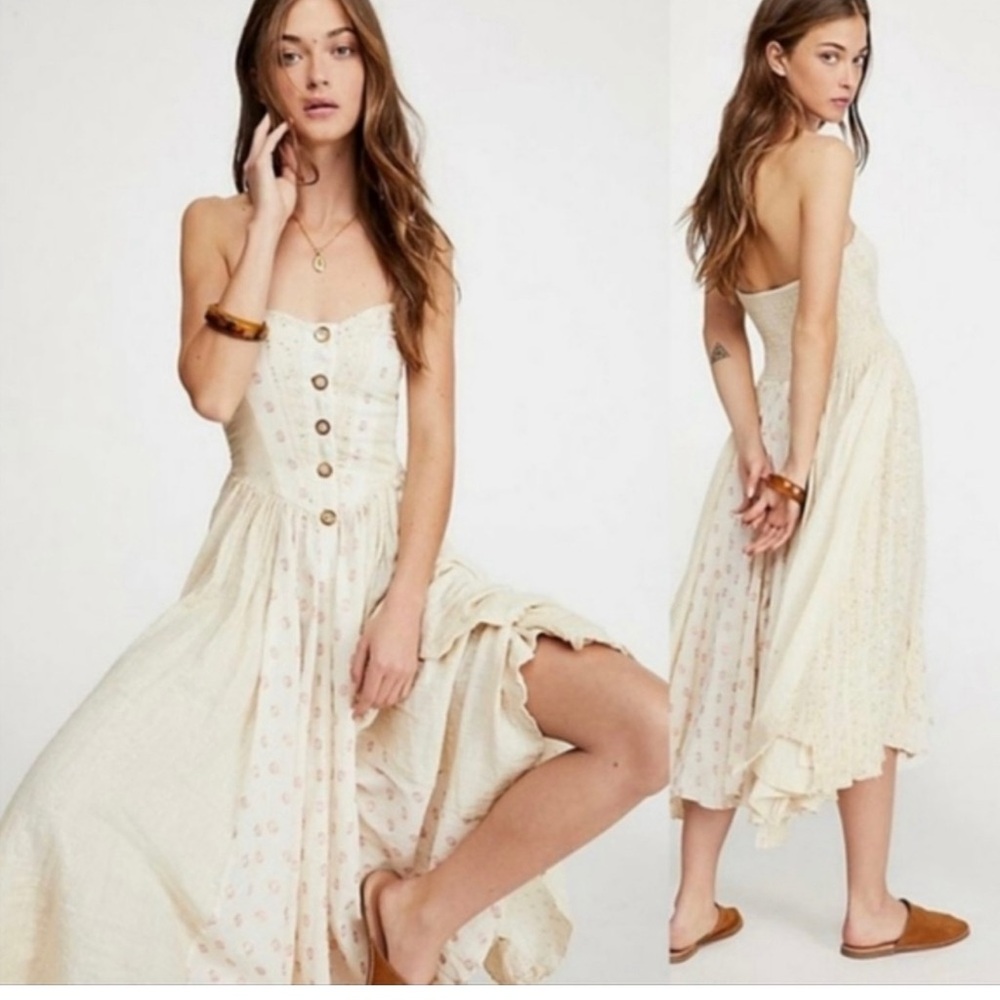 Free People AMANDA METALLIC LUREX STRIPE Strapless Cotton DRESS (M) in cream - Picture 1 of 12